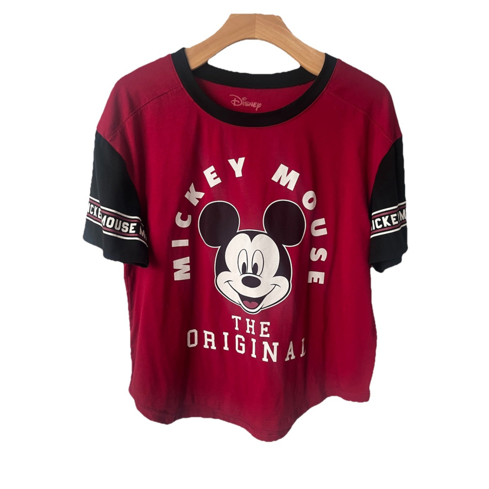 Disney Mickey Mouse T-Shirt Junior Size Large 11/13 Burgundy Black Short Sleeve